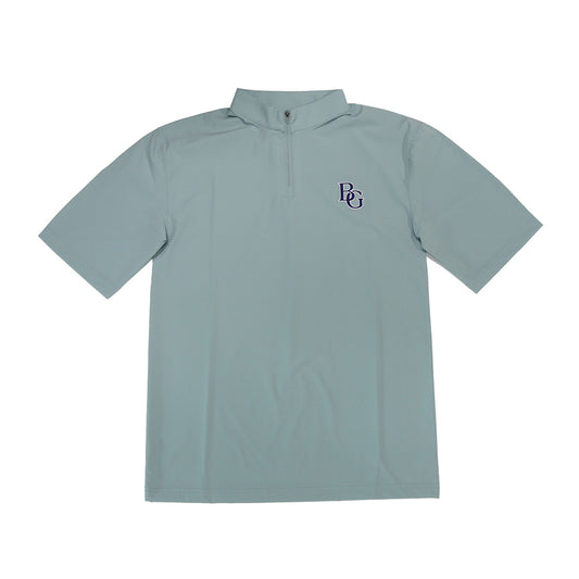 A light sage green short-sleeve quarter-zip polo shirt with a purple embroidered 'BG' monogram on the left chest, displayed flat against a white background.